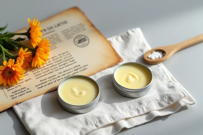 Vue de dessus d'une boîte de pommade Saint Louis ouverte avec une liste d'ingrédients, une spatule en bois et des fleurs de calendula sur un fond en lin