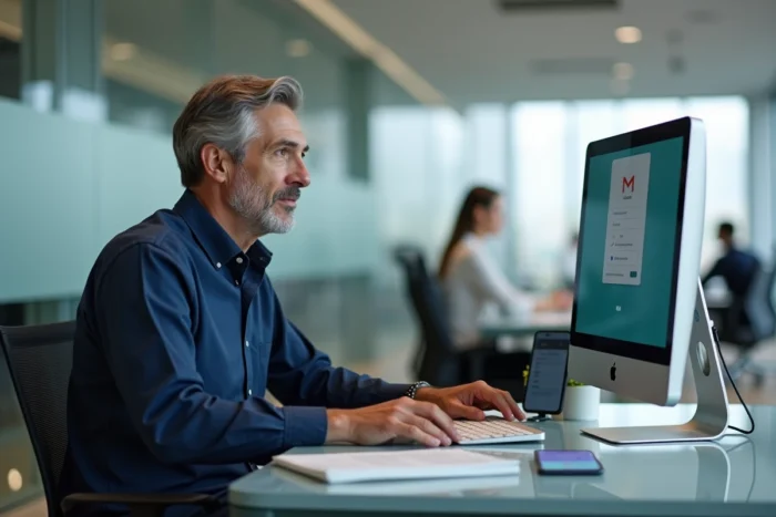 Homme configurant un compte mail IONOS sur Gmail et Apple Mail dans un bureau professionnel moderne