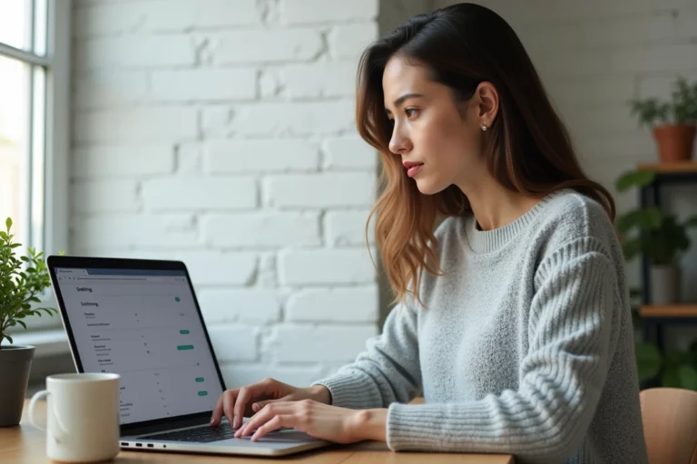 Femme configurant un compte mail IONOS sur Outlook depuis un bureau à domicile