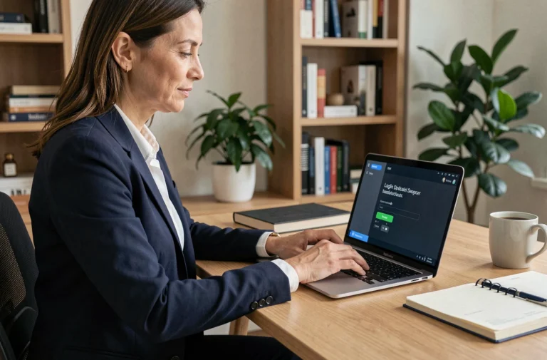 Femme professionnelle se connectant à un coffre-fort numérique MyArkevia sur un ordinateur portable dans un bureau moderne