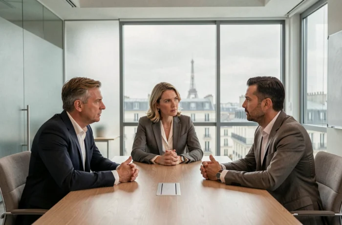 Groupe de conseillers professionnels en réunion confidentielle dans une salle de conférence parisienne moderne
