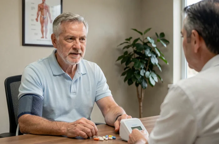 Homme senior en consultation médicale avec tensiomètre et compléments alimentaires sur le bureau, risques Bion 3 et hypertension