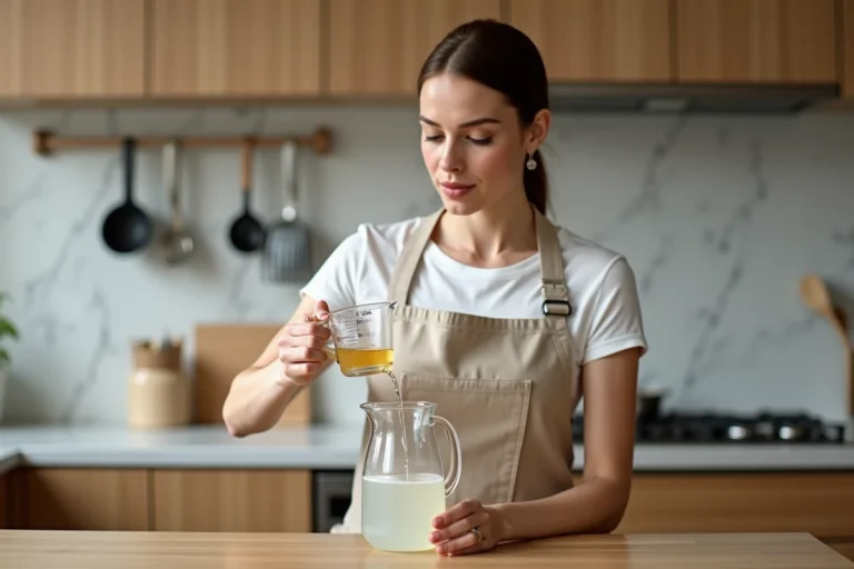 Femme versant 400 ml de liquide dans un pichet d'un litre dans une cuisine moderne pour illustrer la conversion de millilitres en litres