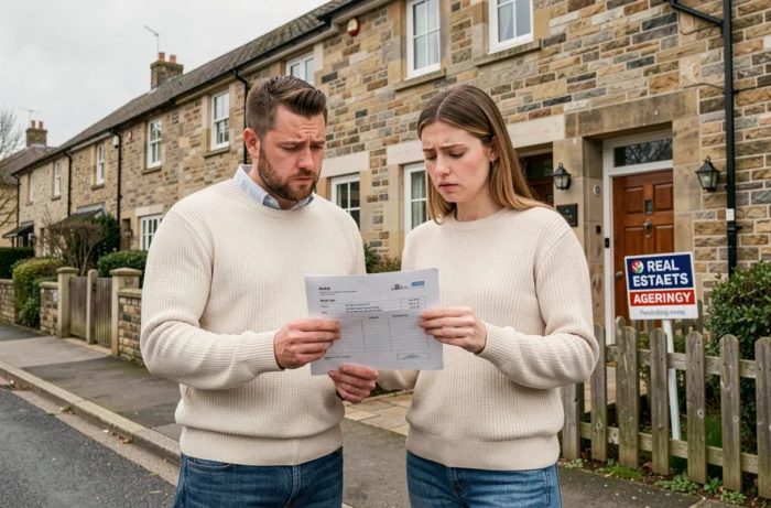 Couple examinant une offre d'achat devant une maison à vendre avec panneau d'agence immobilière