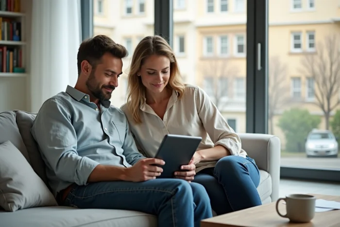 Couple consultant un comparateur d'assurance en ligne sur une tablette dans leur salon moderne
