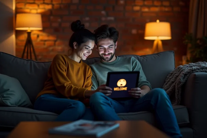 Couple découvrant le nouveau nom et l'interface redessinée d'une application de streaming sur tablette dans un salon cosy