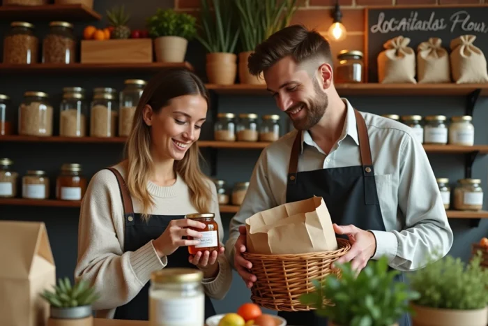 Couple faisant leurs courses dans une épicerie bio locale avec des produits de producteurs régionaux