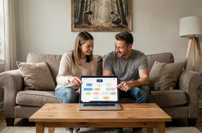 Couple explorant ensemble le plan du site Happy Family sur un ordinateur portable dans leur salon