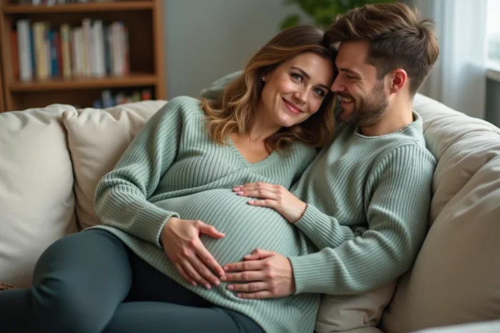 Couple attendant un bébé, le futur père écoutant les mouvements du bébé contre le ventre de sa compagne enceinte