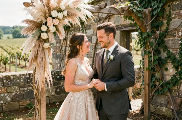 Couple de mariés riant ensemble devant une arche fleurie dans un domaine viticole rustique lors de leur mariage personnalisé