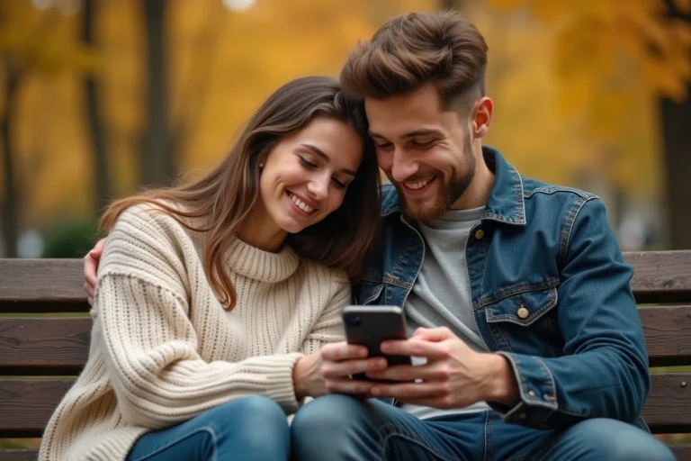 Couple partageant un message d'amour sincère sur un téléphone dans un parc en automne