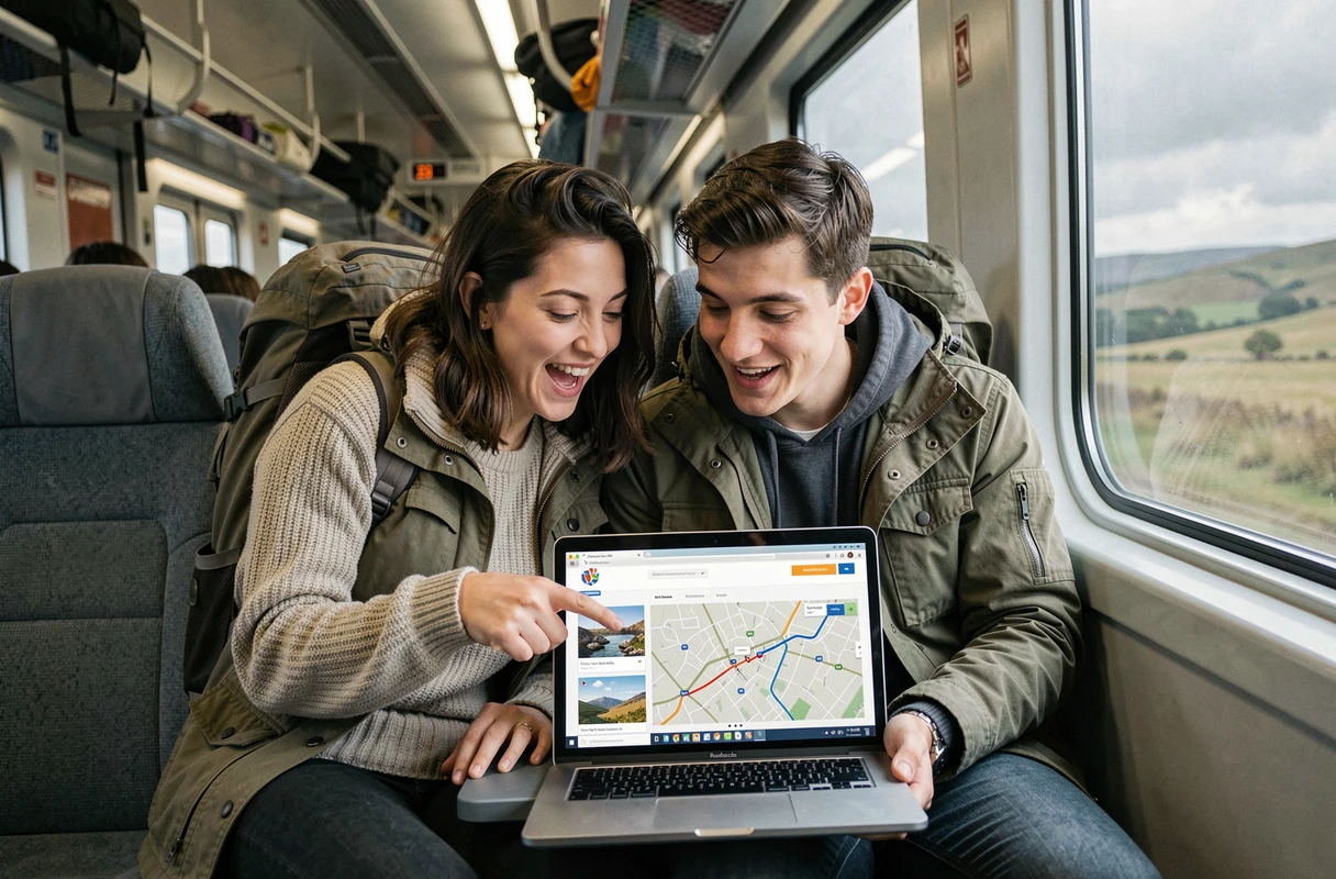 Couple planifiant un voyage personnalisé sur ordinateur portable à bord d'un train avec paysage de campagne en arrière-plan