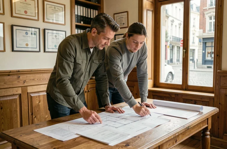 Couple examinant des plans immobiliers dans un bureau notarial belge à Bruxelles