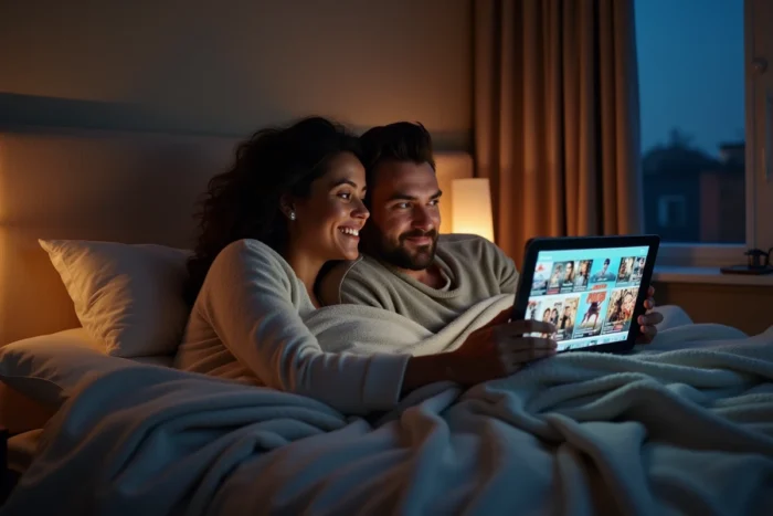 Couple regardant un catalogue de films en streaming gratuit sur une tablette dans une chambre confortable le soir