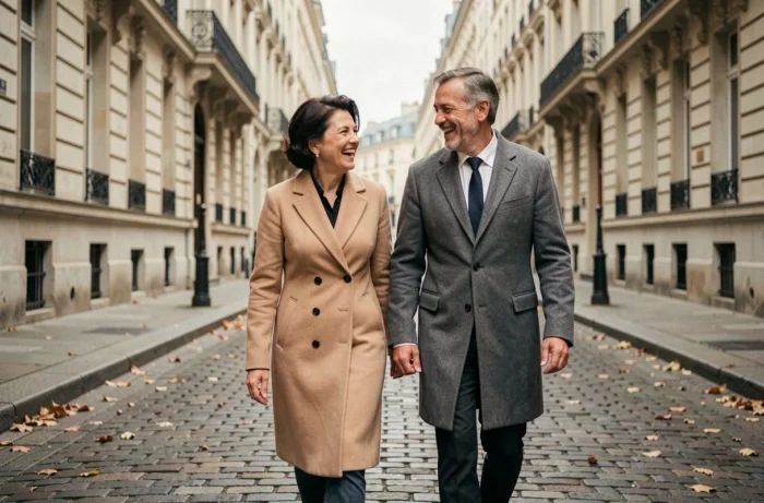 Casal elegante passeando em um pavimento europeu no outono, estilo foto reportagem vida privada