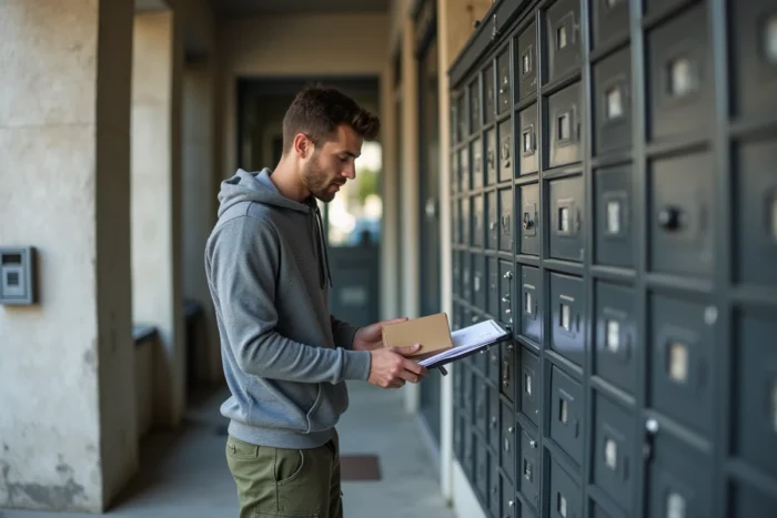 Jeune personne récupérant son courrier dans une boîte aux lettres collective d'immeuble urbain français