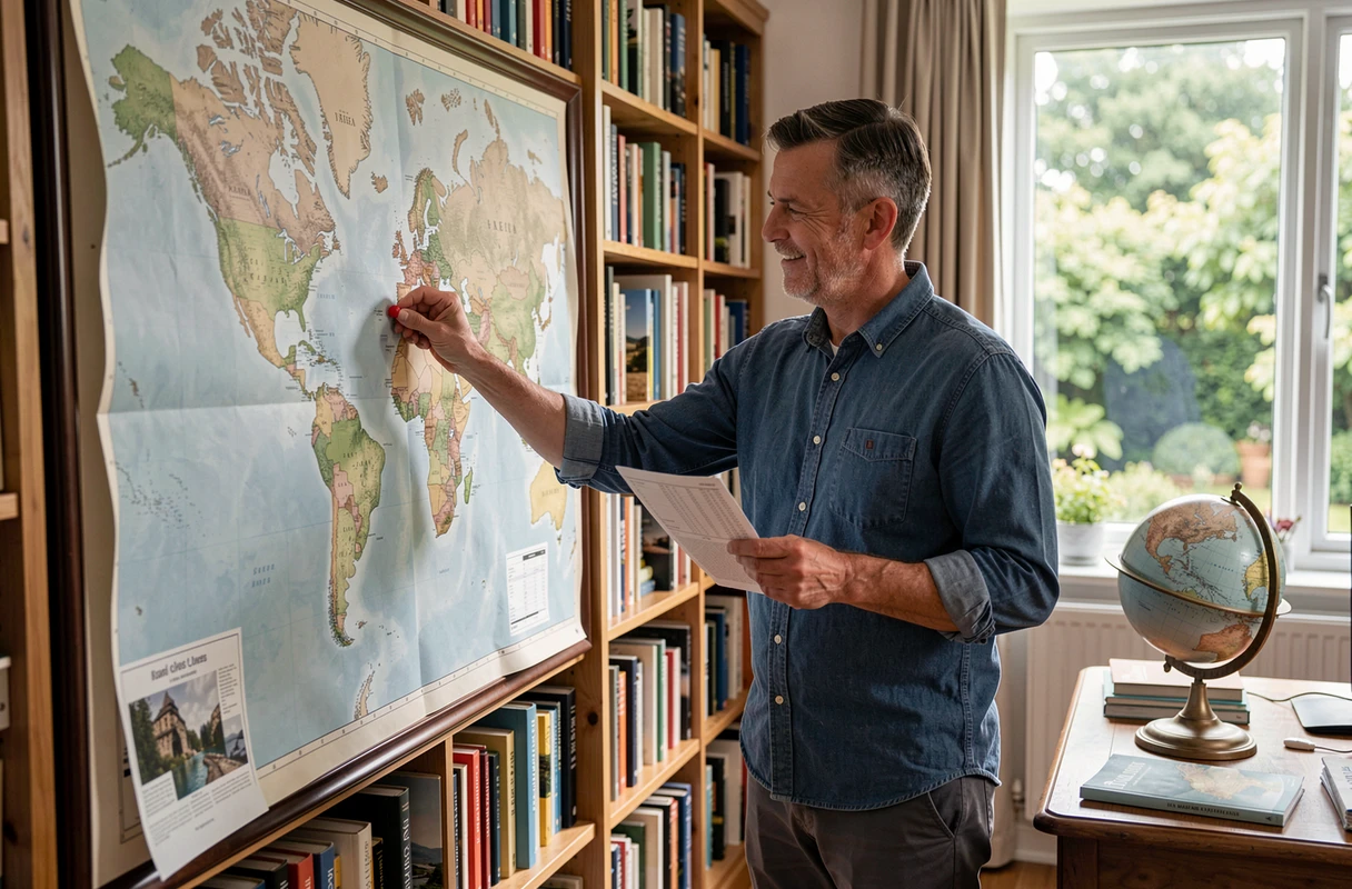 Homme créant un itinéraire de voyage unique en plaçant des épingles sur une carte du monde dans un bureau à domicile