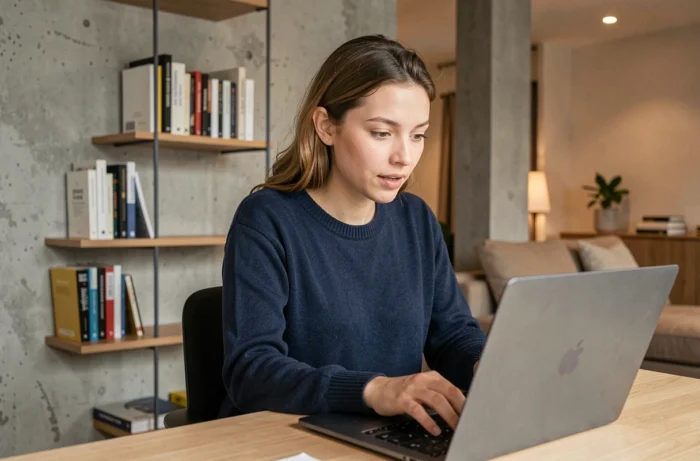 Jeune femme naviguant sur une plateforme de streaming française depuis son appartement parisien contemporain