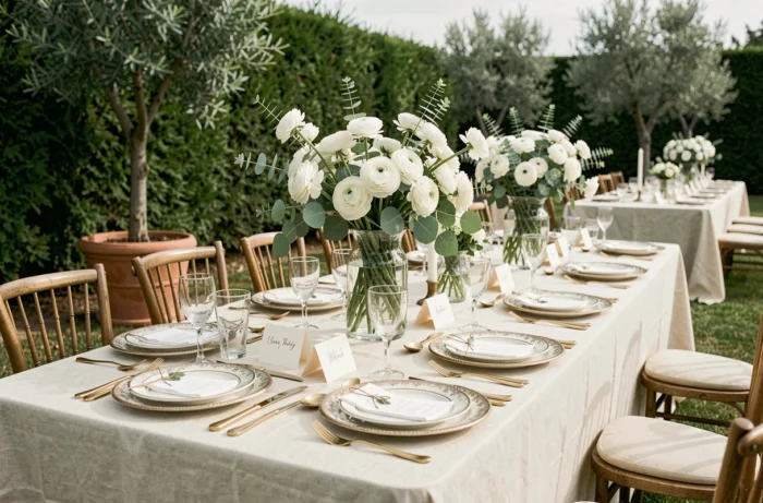 Table de réception de mariage décorée avec des fleurs blanches, de la vaisselle vintage et des marque-places calligraphiés dans un jardin