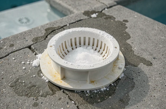 Gros plan sur un skimmer de piscine contenant des granulés de chlore choc dissous, montrant les dégâts chimiques sur le panier et le boîtier en plastique
