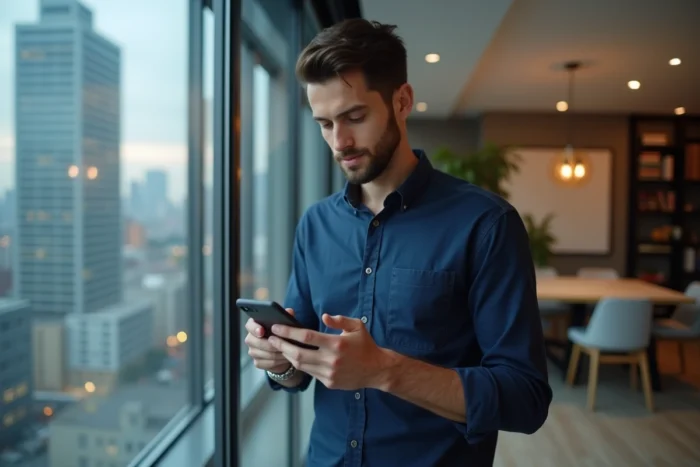Homme envoyant une demande d'abonnement sur Instagram depuis son appartement moderne