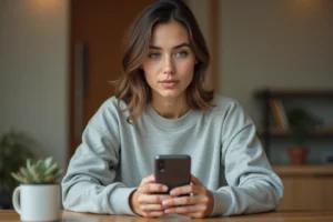 Jeune femme consultant Instagram sur son smartphone pour envoyer une demande d'amis