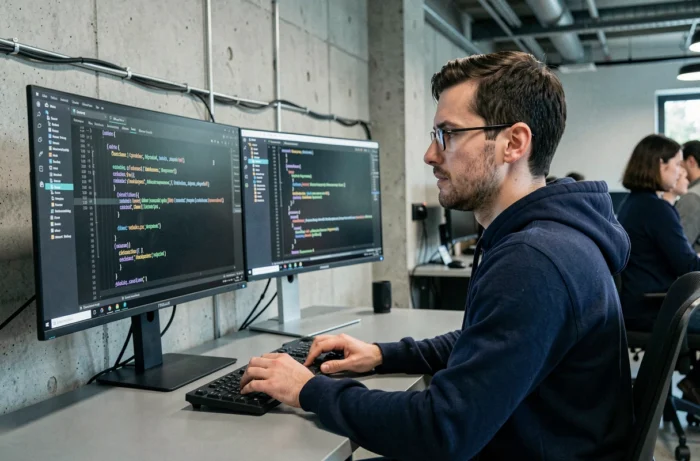 Développeur logiciel travaillant sur une API REST dans un bureau moderne avec double écran affichant du code JSON et une documentation d'API
