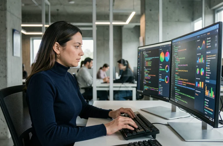 Développeuse informatique travaillant sur des écrans affichant des tableaux de bord de données et du code dans un bureau technologique moderne en 2024