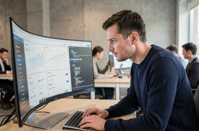Développeur analysant les nouvelles fonctionnalités d'une interface logicielle sur un grand écran dans un bureau moderne en 2026