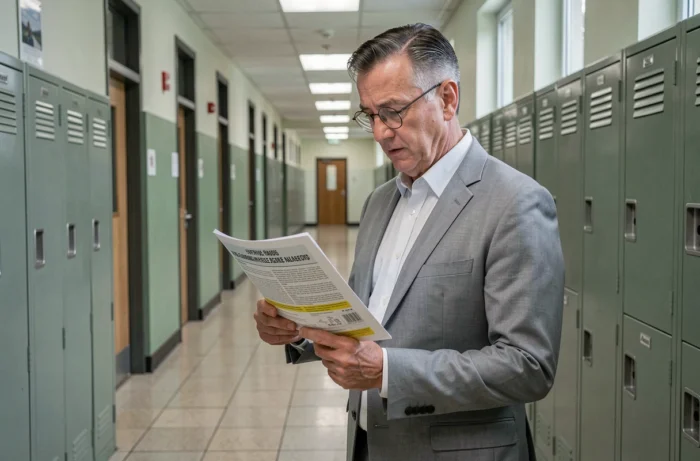 Directeur d'école consultant le bulletin officiel de l'éducation nationale dans un couloir scolaire