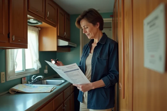 Femme consultant un document officiel pour déterminer l'année de fabrication d'un mobil-home à l'intérieur