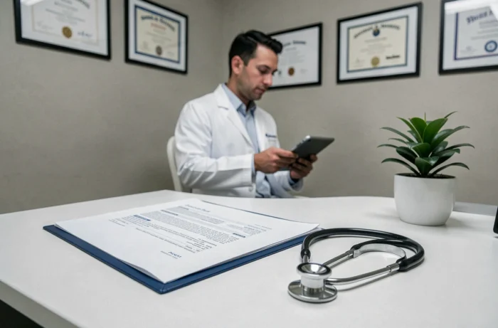 Dossier médical et stéthoscope sur un bureau de cabinet médical privé avec médecin en arrière-plan flou