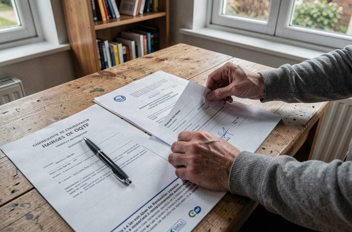 Dossier administratif contenant une OQTF et un acte de mariage sur un bureau en France