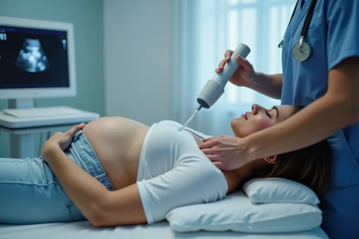 Femme enceinte lors d'une échographie obstétricale, professionnel de santé effectuant un examen pour observer les mouvements du bébé