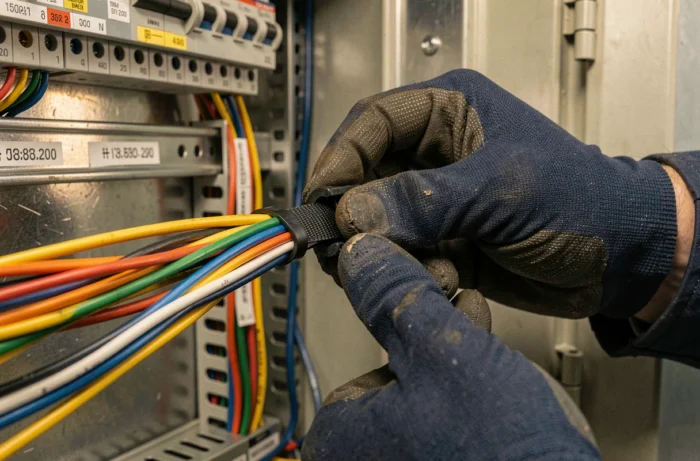 Électricien serrant un collier colson noir autour d'un faisceau de câbles colorés dans une armoire électrique industrielle