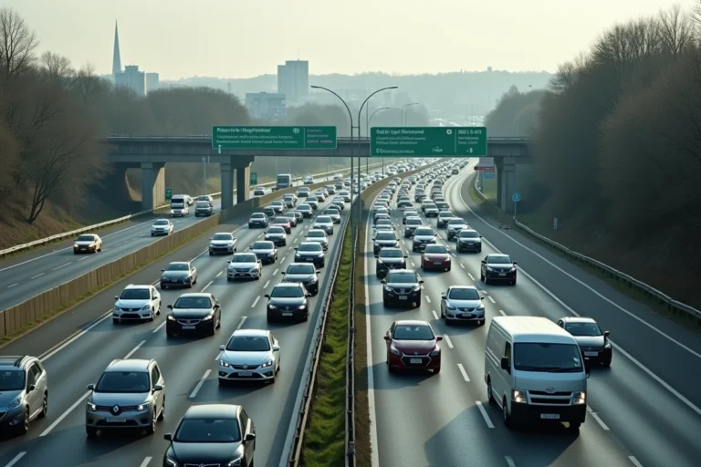 Embouteillage sur la rocade de Rennes avec plusieurs files de voitures arrêtées en heure de pointe