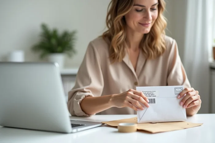 Femme préparant une enveloppe de réclamation par courrier pour son abonnement à un magazine TV