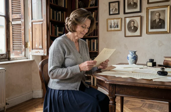 Femme élégante lisant une lettre manuscrite dans un bureau classique français avec meubles anciens