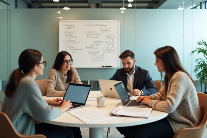Équipe de professionnels collaborant autour de ressources et contenus essentiels pour réussir dans le business en ligne