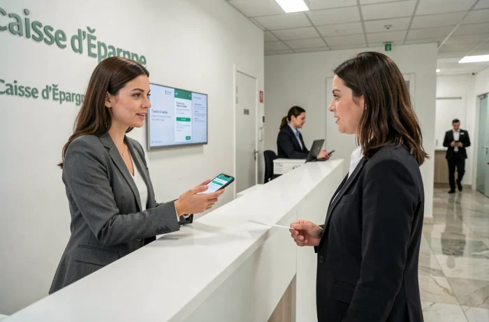 Femme montrant une erreur bancaire sur son smartphone à un conseiller de la Caisse d'Épargne