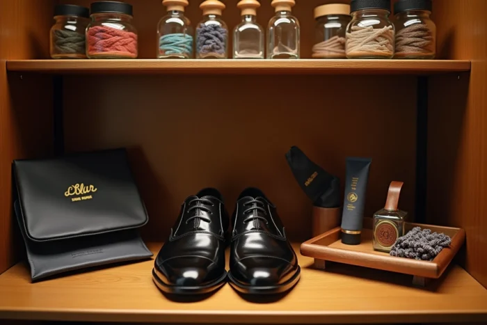 Étagère de boutique de chaussures présentant des accessoires indispensables : lacets, conditionneur cuir, chausse-pied et pochons en velours