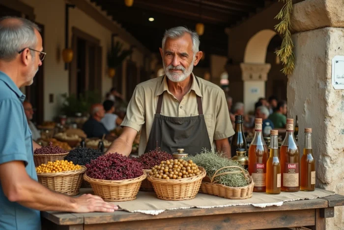 Étal de marché couvert à Corinthe avec raisins secs, miel et huile d'olive artisanaux