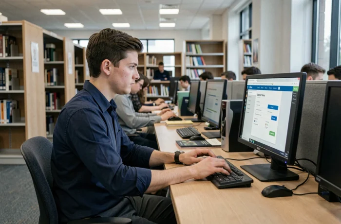 Studente che consulta il portale eCandidat su un computer della biblioteca universitaria Paris 13