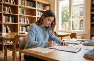 Étudiante prenant des notes dans une bibliothèque universitaire moderne à Aix-en-Provence pour réussir ses études