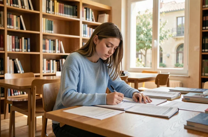 Étudiante prenant des notes dans une bibliothèque universitaire moderne à Aix-en-Provence pour réussir ses études