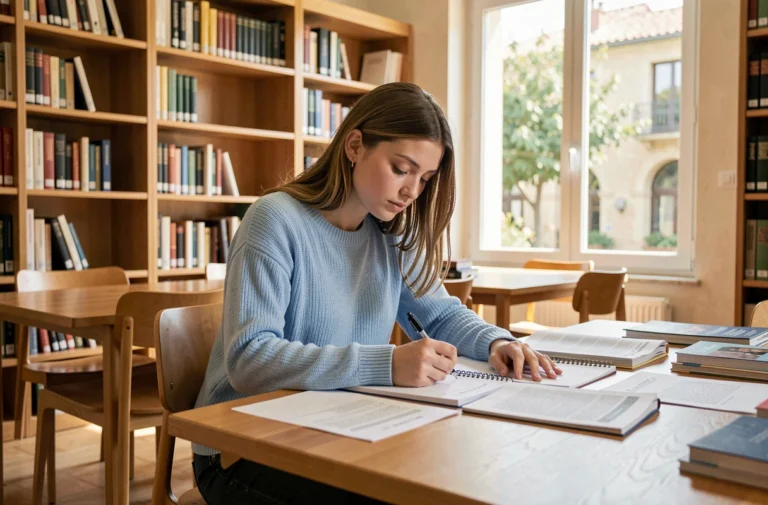 Étudiante prenant des notes dans une bibliothèque universitaire moderne à Aix-en-Provence pour réussir ses études