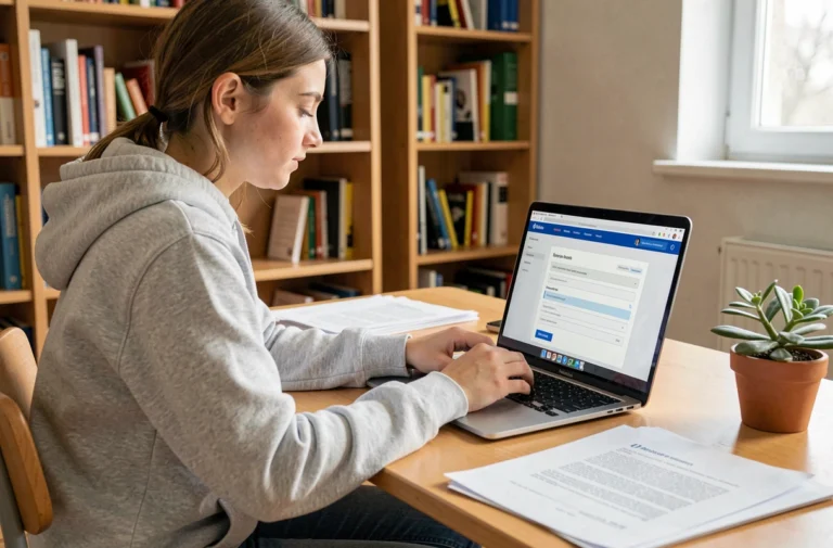 Étudiante déposant son dossier de candidature en ligne sur eCandidat depuis sa chambre universitaire
