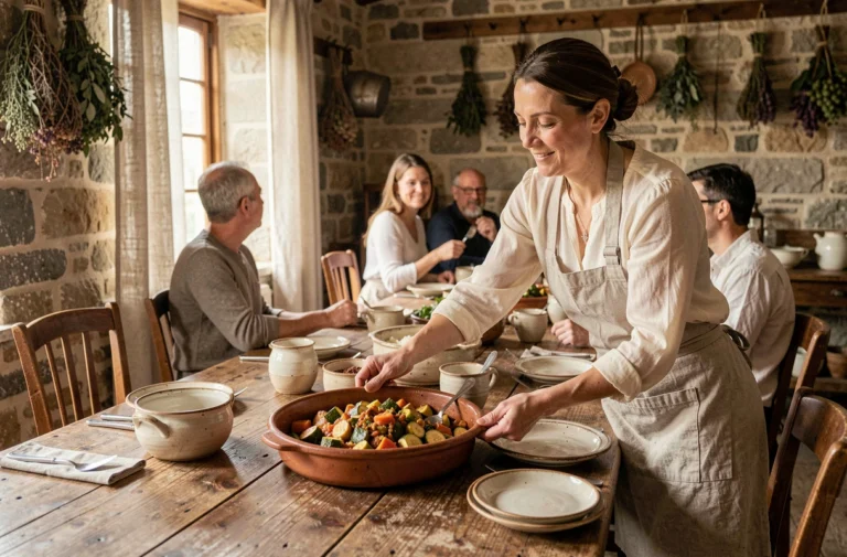 Hôtesse d'une maison d'hôtes posant un plat provençal authentique sur une table en bois rustique dans une salle à manger chaleureuse aux murs en pierre