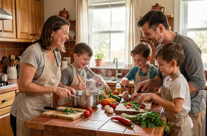 Famille réunie dans la cuisine en train de préparer un repas ensemble, ambiance chaleureuse et conviviale au quotidien