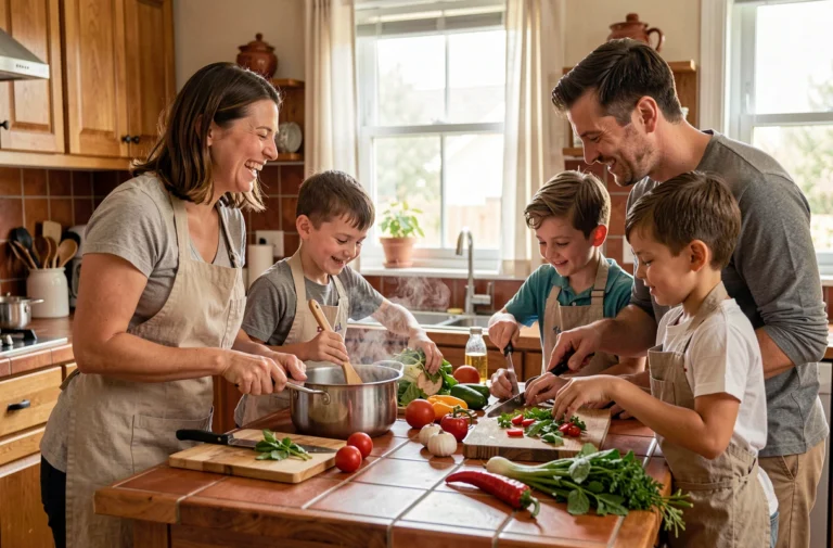 Famille réunie dans la cuisine en train de préparer un repas ensemble, ambiance chaleureuse et conviviale au quotidien